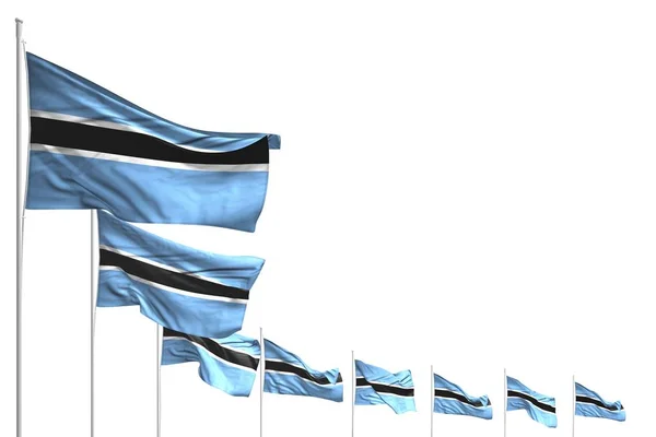 Cute many Botswana flags placed diagonal isolated on white with space for your text - any celebration flag 3d illustration — Stock Photo, Image