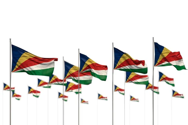 Bonitas Seychelles banderas aisladas colocadas en fila con enfoque selectivo y espacio para su contenido - cualquier ilustración 3d bandera de vacaciones — Foto de Stock