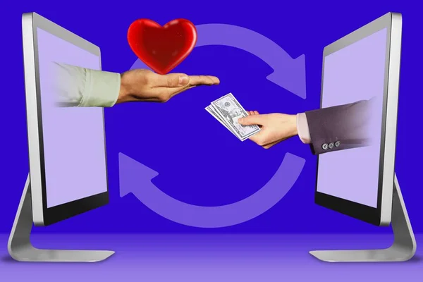 Högteknologiskt koncept, två händer från monitorer. hjärta och hand med pengar. 3D-illustration — Stockfoto