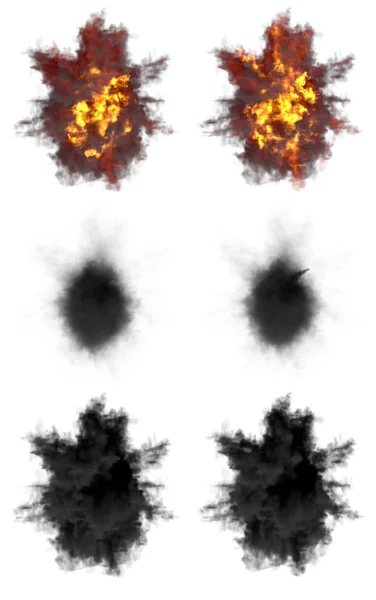 6发高射炮炮弹在白色3D图像上隔离的轰鸣或导弹拦截爆炸从上方击中或看 — 图库照片