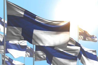 Finlandiya 'nın birçok güzel bayrağı mavi gökyüzü arka planında dalgalanıyor - herhangi bir durumda 3d illüstrasyon