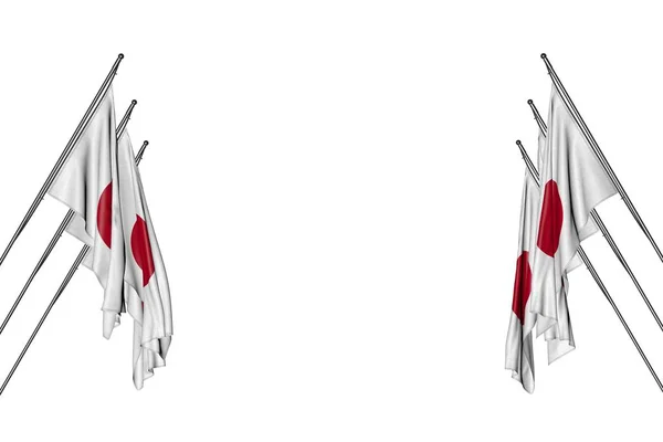 Maravilloso muchas banderas de Japón cuelga en postes de esquina de los lados izquierdo y derecho aislado en blanco - cualquier ocasión bandera 3d ilustración —  Fotos de Stock