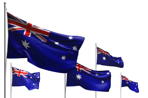 Hermosas cinco banderas de Australia ondean aisladas en blanco - cualquier ilustración 3d bandera de vacaciones — Foto de Stock