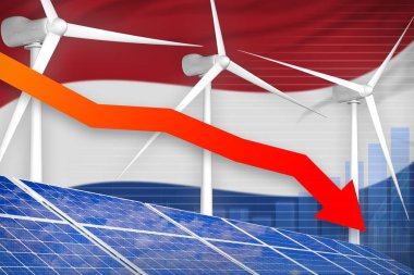 Hollanda güneş enerjisi ve rüzgar enerjisi düşürme grafiği, ok aşağı - alternatif doğal enerji endüstriyel illüstrasyonu. 3d Görüntü