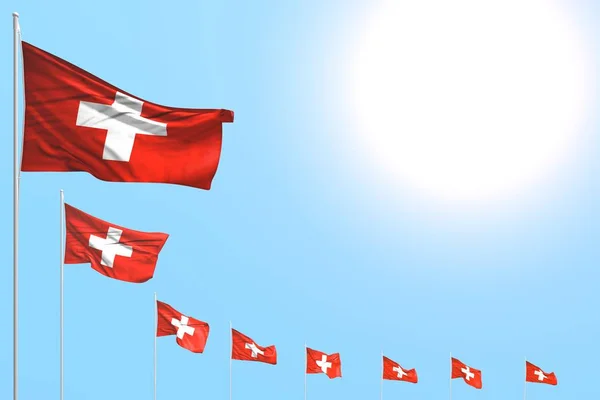 Schön viele Schweizer Flaggen schräg am blauen Himmel platziert mit Platz für Ihre Inhalte - jede Festflagge 3d Illustration — Stockfoto