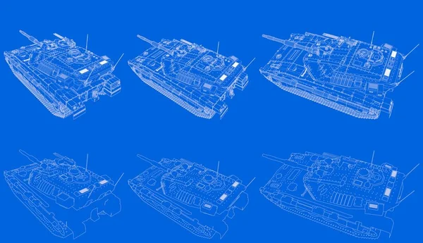 Ilustración militar 3D del esquema - delineado tanque aislado del ejército 3D con diseño ficticio, de alta resolución sirven y protegen el concepto —  Fotos de Stock