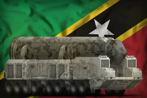 Interkontinentális ballisztikus rakéta városi álcázással Saint Kitts és Nevis nemzeti zászló hátterében. 3d illusztráció — Stock Fotó