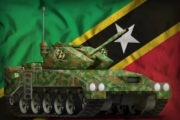 Heller Tank Apc mit sommerlicher Tarnung auf den Saint Kitts und Hintergrund der Nationalflagge. 3D-Illustration — Stockfoto