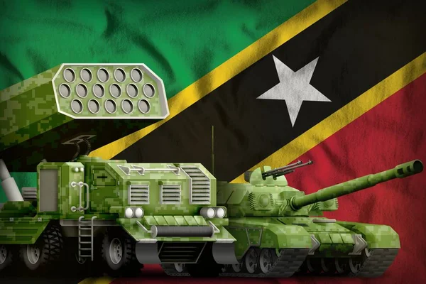 Heilige Kätzchen und schwere gepanzerte Fahrzeuge auf dem Hintergrund der Nationalflagge. 3D-Illustration — Stockfoto