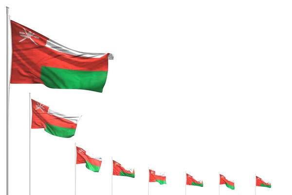 Bellissime molte bandiere Oman poste in diagonale isolate sul bianco con posto per il tuo contenuto - qualsiasi occasione bandiera 3d illustrazione — Foto Stock