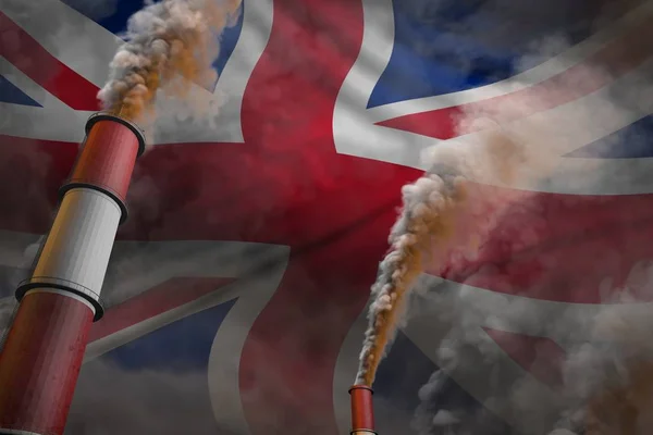 Pollution fight in United Kingdom (UK) concept - industrial 3D illustration of two large industry chimneys with heavy smoke on flag background
