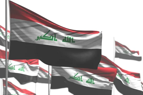 Beautiful many Iraq flags are waving isolated on white - image with soft focus - any occasion flag 3d illustration — Stock Photo, Image