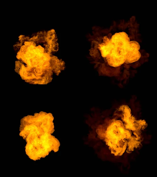 Nagy felbontású bomba robbantások - készlet 4 különböző renders of fire explosion isolated on black background, 3d illusztráció tárgyak — Stock Fotó