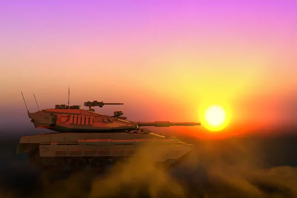 Çölde gün batımında kurgusal tasarımı olan 3D çöl rengi askeri tankın askeri tasarımı, ayrıntılı servis ve konsepti — Stok fotoğraf