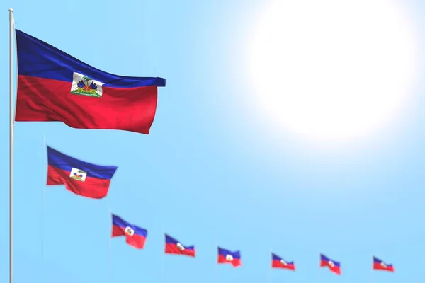 Pretty many Haiti flags placed diagonal with bokeh and empty place for content - any feast flag 3d illustration — Stock Photo, Image