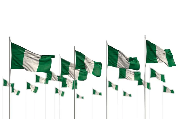 Nice Nigeria isolated flags placed in row with selective focus and place for content - any celebration flag 3d illustration — Stock Photo, Image