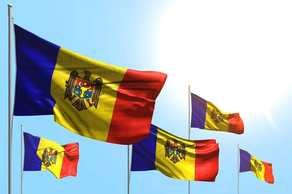 Moldova 'nın sevimli 5 bayrağı mavi gökyüzü arkaplanında dalgalanıyor - herhangi bir bayram bayrağı 3d illüstrasyon — Stok fotoğraf