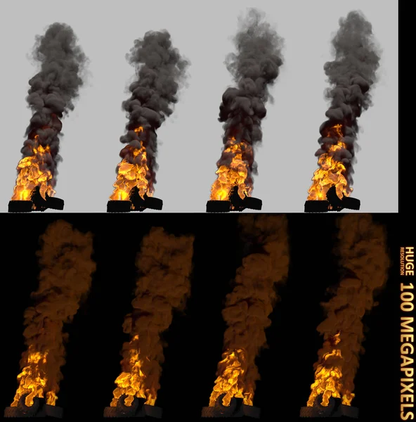 Pila de combustión de alto detalle o barricada de neumáticos de automóviles aislados, concepto de perturbación - Ilustración 3D del objeto — Foto de Stock