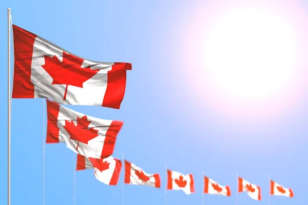 Замечательные многие флаги Канады помещены диагональ с выборочным фокусом и пустое место для текста - любой праздник флаг 3d иллюстрации — стоковое фото