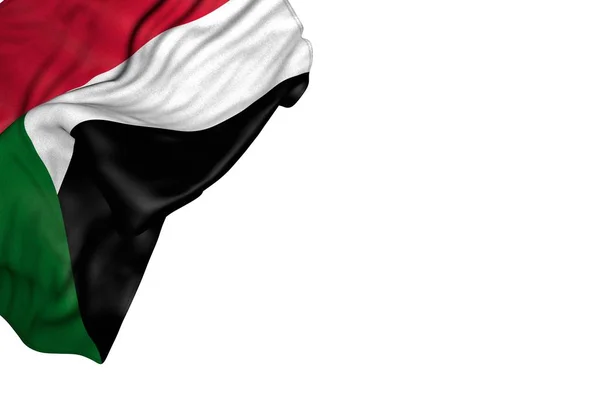 Nice Sudan flag with large folds lying in top left corner isolated on white - any feast flag 3d illustration — Stock Photo, Image