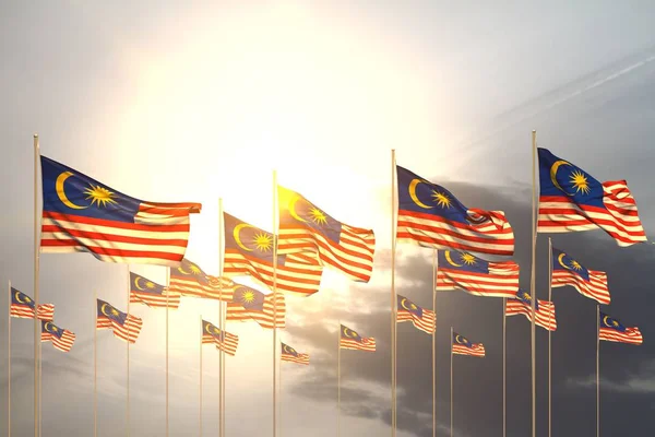 Cute many Malaysia flags in a row on sunset with empty place for content - any feast flag 3d illustration — Stock Photo, Image