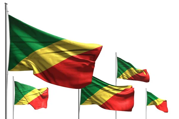 Beautiful five flags of Congo are waving isolated on white - any celebration flag 3d illustration — Stock Photo, Image