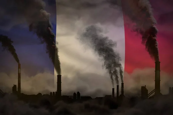 Inquinamento atmosferico, lotta contro il cambiamento climatico - camini d'impianto fumo pesante sullo sfondo della bandiera francese - illustrazione 3D industriale — Foto Stock