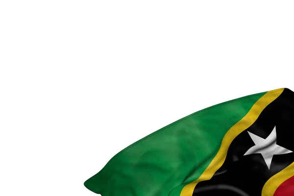 Grazioso Saint Kitts e Nevis bandiera con grandi pieghe si trovano in basso a destra isolato su bianco - qualsiasi bandiera festa 3d illustrazione — Foto Stock