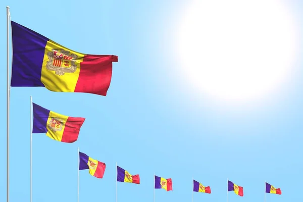 Harika bir çok Andorra bayrakları mavi gökyüzüne yerleştirildi içerik için boşluk - herhangi bir bayram bayrağı 3d illüstrasyon — Stok fotoğraf