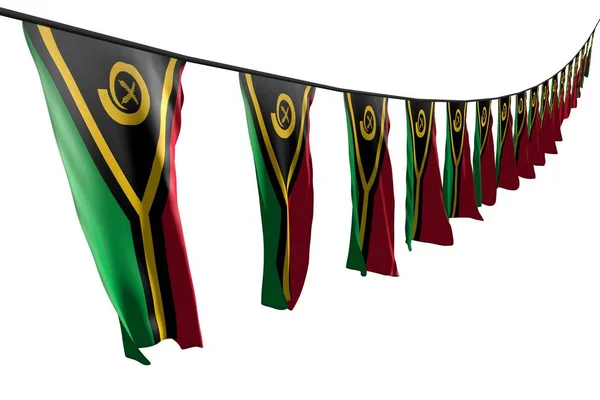 Bonito muitas bandeiras Vanuatu ou banners pendura diagonal com perspectiva vista sobre corda isolada no branco - qualquer bandeira celebração ilustração 3d — Fotografia de Stock