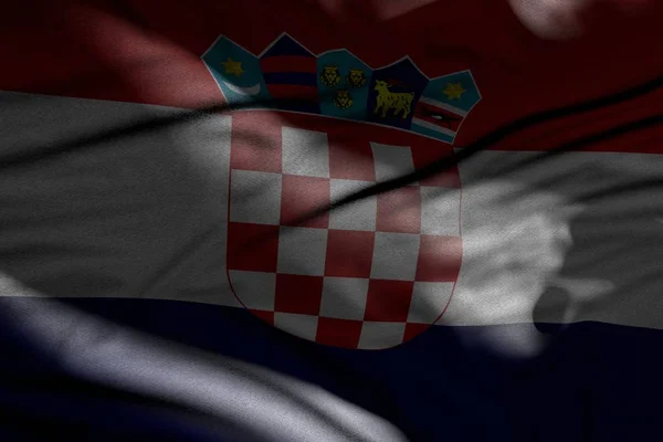 Bella immagine della bandiera scura Croazia con pieghe giaceva in ombre con macchie di luce su di esso - qualsiasi bandiera festa 3d illustrazione — Foto Stock
