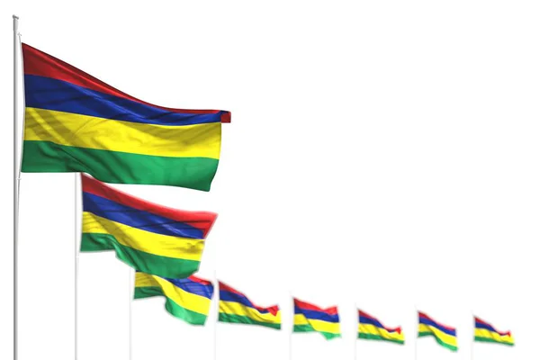 Ωραίο Μαυρίκιος απομονωμένες σημαίες τοποθετούνται διαγώνια, φωτογραφία με μαλακό εστίαση και χώρο για το κείμενό σας - κάθε εορταστική σημαία 3d εικόνα — Φωτογραφία Αρχείου