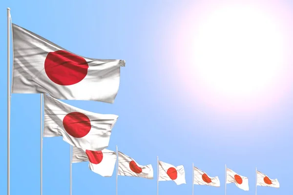 Lucu banyak bendera Jepang ditempatkan diagonal di langit biru dengan tempat untuk konten Anda - bendera pesta 3d ilustrasi — Stok Foto