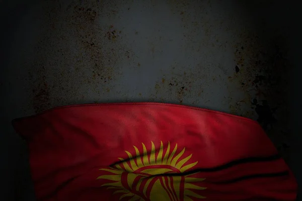 Beautiful dark image of Kyrgyzstan flag with big folds on rusty metal with free space for content - any celebration flag 3d illustration — Stock Photo, Image