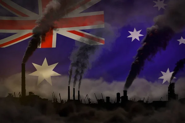 Pollution sombre, lutte contre le changement climatique concept - cheminées d'usine fumée dense sur fond drapeau australien - illustration 3D industrielle — Photo