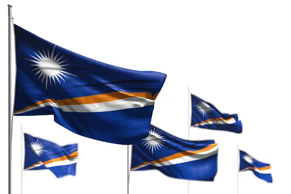 Wunderbare fünf Flaggen von Marshallinseln wehen vereinzelt auf weiß - Foto mit Bokeh - jede Feier Flagge 3d Illustration — Stockfoto