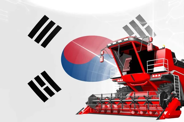 Agricultura concepto de innovación, granja avanzada roja cosechadora cosechadora en la bandera de la República de Corea (Corea del Sur) - ilustración digital industrial 3D —  Fotos de Stock