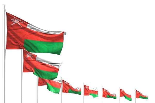 Beautiful many Oman flags placed diagonal isolated on white with space for your content - any holiday flag 3d illustration — Stock Photo, Image