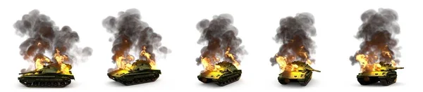Moderní tank s ne skutečný design v plamenech sražen v boji izolované na bílém, vysoce podrobné vojenské 3D ilustrace pro veterány den koncepce — Stock fotografie