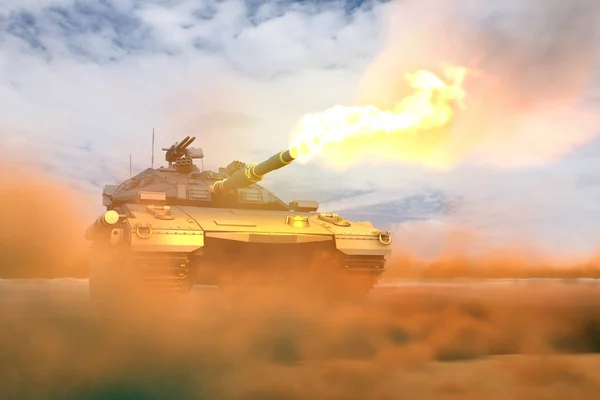 Char lourd avec un design qui n'existe pas tirs de combat dans le désert, concept de défense héroïque détaillée - militaire Illustration 3D — Photo