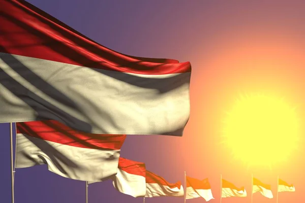 Vrij veel Indonesië vlaggen geplaatst diagonaal op zonsondergang met plaats voor uw inhoud - elke viering vlag 3d illustratie — Stockfoto