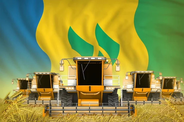 Промышленная 3D иллюстрация некоторых желтых фермерских комбайнов на пшеничном поле на фоне флага Сент-Винсента и Гренадин - вид спереди, прекратите голодать концепция — стоковое фото