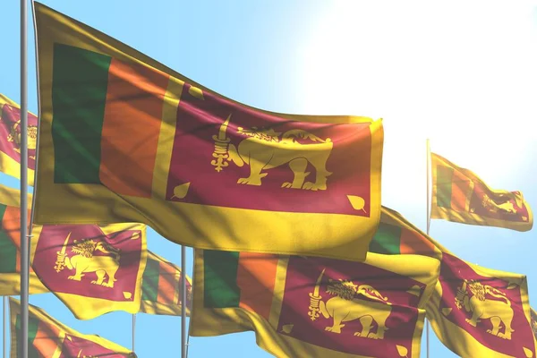 Beautiful many Sri Lanka flags are waving on blue sky background - any feast flag 3d illustration — Stockfoto