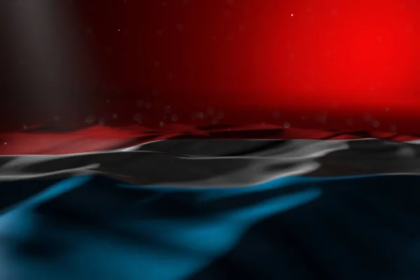 Vrij donker beeld van Luxemburgse vlag liggend op rode achtergrond met selectieve focus en vrije plaats voor tekst - elke vakantie vlag 3d illustratie — Stockfoto