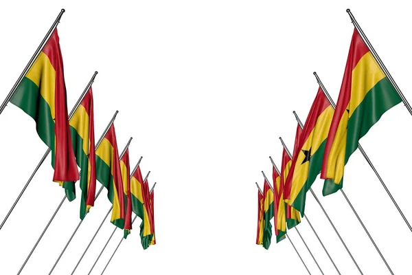 Ziemlich viele ghana-Flaggen hängen an diagonalen masten von links und rechts isoliert auf weiß - jede ferienfahne 3d illustration — Stockfoto