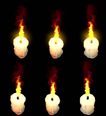 Güzel, parlak, beyaz balmumu mumu siyah üzerine izole edilmiş, vurgulanmış ve vurgulanmamış. Kutlama konsepti, nesnenin 3 boyutlu çizimi.