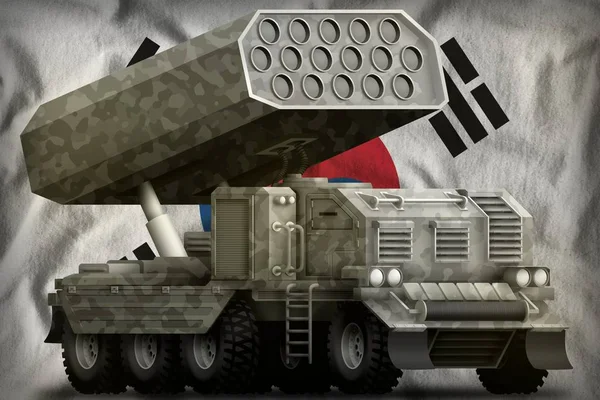 Raketové dělostřelectvo, raketomet s šedou kamufláží na pozadí korejské (jihokorejské) národní vlajky. 3D ilustrace — Stock fotografie