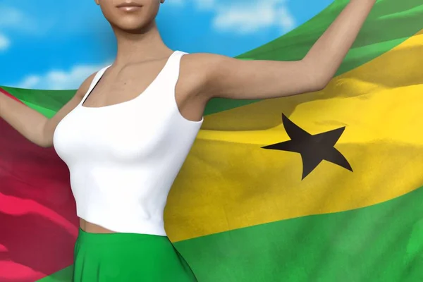 Sexy dama en falda brillante sostiene Santo Tomé y Príncipe bandera en las manos detrás de su espalda en el fondo nublado cielo - concepto de la bandera 3d ilustración —  Fotos de Stock