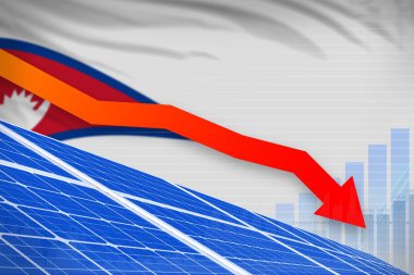 Nepal güneş enerjisi enerji azaltma şeması, ok aşağı - alternatif doğal enerji endüstriyel illüstrasyonu. 3d Görüntü