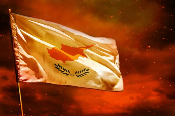 Fluttering Cyprus flag on crimson red sky with smoke pillars background. Troubles concept.